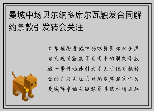 曼城中场贝尔纳多席尔瓦触发合同解约条款引发转会关注 曼城中场贝尔纳多席尔瓦触发合同解约条款引发转会关注